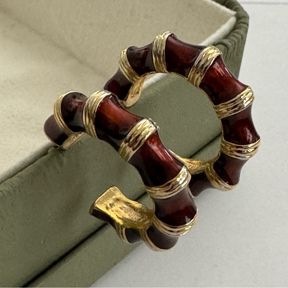 Kenneth Jay Lane Enameled Dark Red Bamboo Half Hoop Earrings